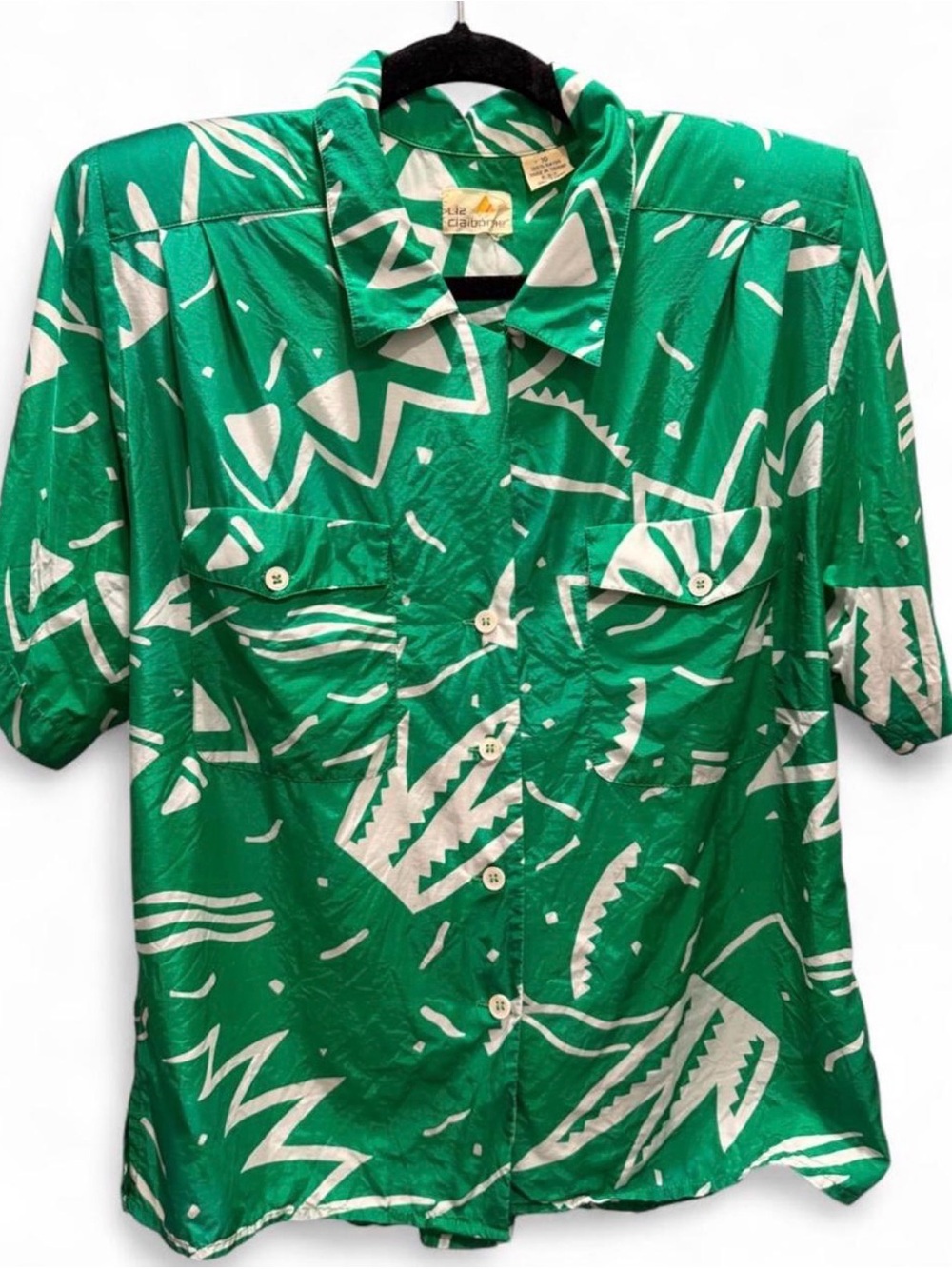 Vintage Liz Claiborne Green and White Abstract Shirt size 10